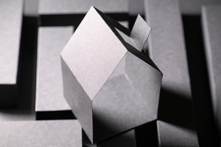 House shape standing on bar labyrinth, close up, high angle all in shades of black. Trying times.