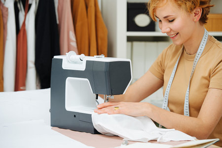 Closeup portrait of young woman seamstress in a studio works behind a sewing machine