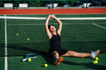 Teenage girl sitting in the middle of a brand new tennis court on a sunny day.