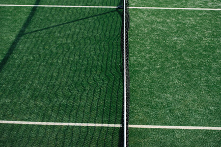 Green middle of a tennis court with markings and the net casting shadow on the one of two sides