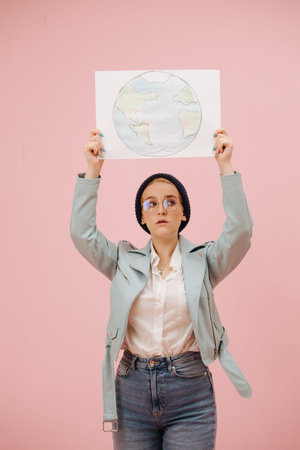Young concerned female eco activist in a cap and round glasses holding planet earth banner above her head. Over pink background. She has short hair, wearing mom jeans and turquoise leather jacket.の写真素材
