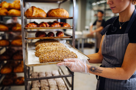Baker placing metal tray with freshly baked crispy golden croissants on a shelf to cool. She's...