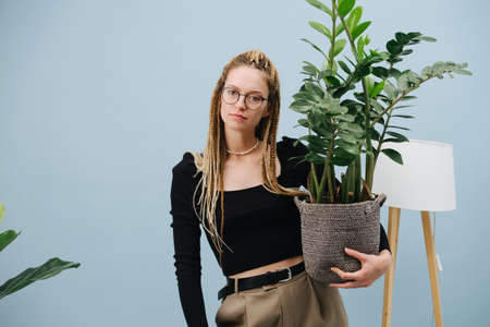 Casual young woman with stylish blond afro braids over blue background. She's posing for a photo with big potted plant in hand.の写真素材