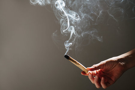 White smoke coming of Palo santo wooden stick held in a hand.の写真素材