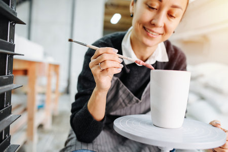 Happy working woman carefully painting blank cup on potters wheel in a workshop