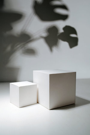 Two white cubes in front of a white wall with a shadow of big leaves on stems