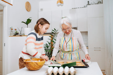 Elderly gray-haired woman make cookies with her granddaughter in the kitchen.の写真素材