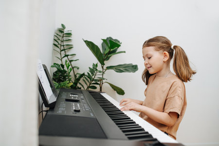 Keen little girl makes effort playing electric piano at home. Side view. Her hair in two thick pony tails. She's using just couple of fingers. Side view.の写真素材
