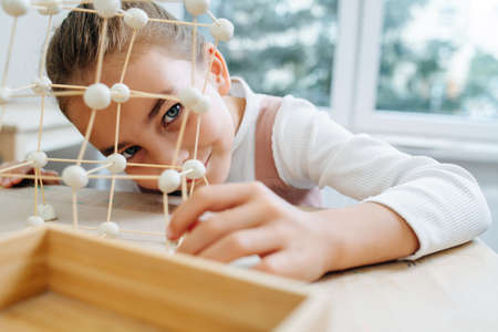 Rapt little girl is busy building 3d shapes from plasticine and toothpicksの写真素材