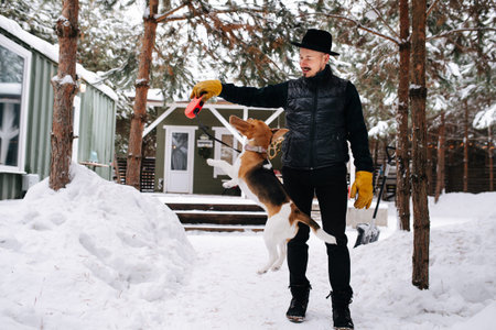 Caring man in black clothes playing with a happy beagle dog, teasing her, making jump. In front of the house on a snowy path between treesの写真素材