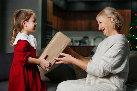 Little girl giving a big wrapped present box to her grandma for christmas. She is looking at her and kindly smiling in return.の写真素材