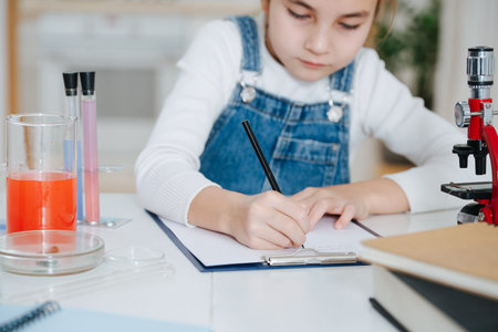Hard working little girl doing home science project, documenting the process. She has chemistry...