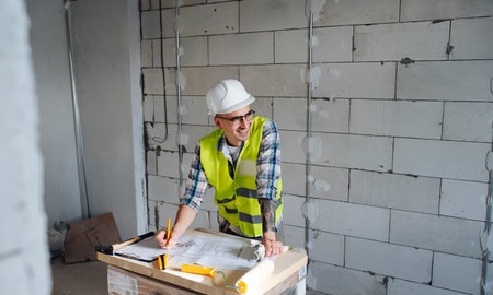 Smiling at someone construction engineer in white helmet drawing on a blueprint on an improvised...