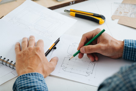 Box designer making a sketch on paper. Hands only, no face. Sitting behind the desk, drawing.