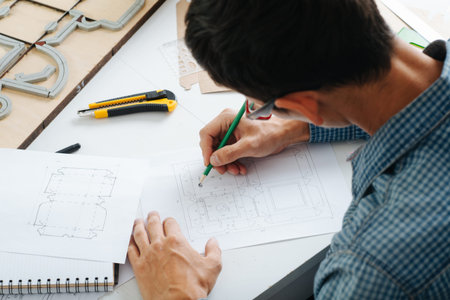 Hard-working box designer making a sketch on paper with a pencil, hunched over. Sitting behind the...