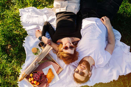 Overhead view of a young couple lying on a picnic blanket on a spring grassfield in a countryside. Wearing sunglasses, smiling.の写真素材
