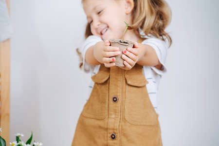 Playful shy little girl holding a small seedling in a paper case. Face out of focus, over white wall.の写真素材