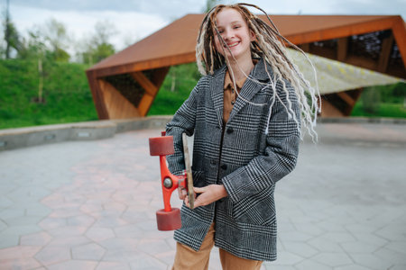 Pumped smiling teenage girl with dreads in front of a crazy shaped roof in a park. On a paved road...