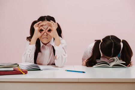 Studying dry dull subject. Schoolgirl twins, sitting behind the desk bored out of their minds. One...