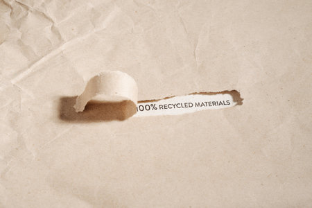 Close up paper stripe teared up to reveal recycled materials inscriptionの写真素材