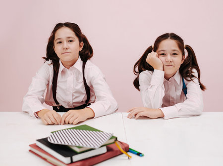 Slightly bored and tired twin schoolgirls sitting behind the desk. They are wearig twintails, shirts...