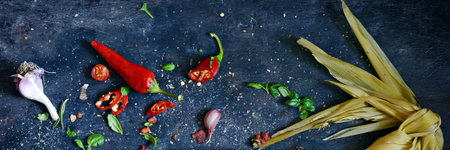 Chili peppers, garlic, salt, dried herbs, basil leaves on a dark stone background. Spicy dressing...