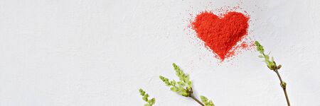 Valentine's day background. Heart made of red crumbs on a white background. top view. Copy space. Flat lay. Greeting card.の写真素材