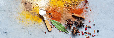 Various spice powders (paprika, curry, coriander, ginger, dried onions and garlic, turmeric, cinnamon, pepper, anise) and herbs (rosemary, bay leaf) on a blue background. Indian and Asian cuisine.の写真素材