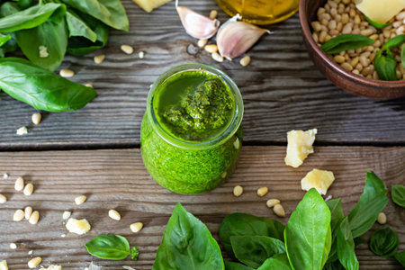 Green pesto in a glass jar made from fresh basil leaves, pine nuts, parmesan, garlic and olive olia on wooden background. Popular Italian dressing for salad, pasta and pizza.の写真素材