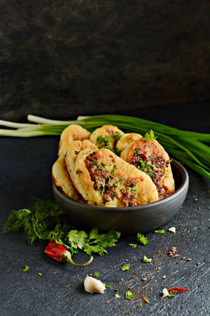 Homemade savory pancakes (Fritters) with minced meat pieces, dill, parsley and green onions, garlic, tomato sauce and chili peppers on a dark background.の写真素材