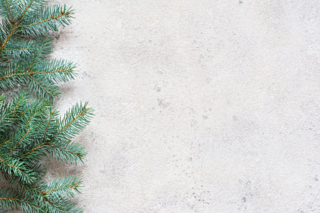 Christmas tree branch on a gray background, festive mood, gift season. Winter holidays concept. Top...