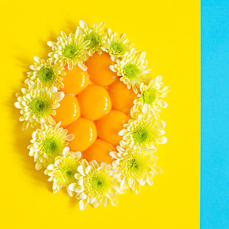 Fresh raw yolks laid out in the shape of an egg decorated with flowers on a yellow background....