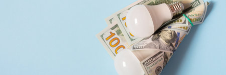 Energy saving light bulbs with american currency (dollars) on a blue background. Payment for electricity, financial condition of the energy market, increase in energy prices.の写真素材