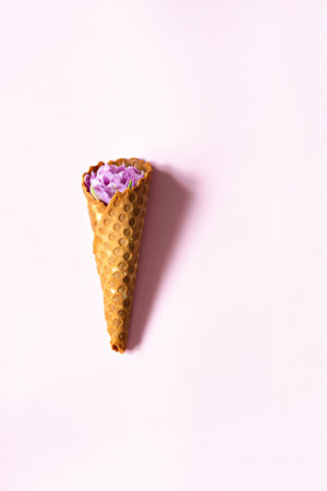 Wafer cone with tulips on a pink background. Flower ice cream, spring concept with first flowers.の写真素材