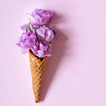 Wafer (waffle) cone with tulips on a pink background. Flower ice cream, spring concept with first flowers, mother's day, top view.の写真素材
