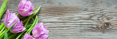 Lilac tulips on a wooden background, happy mother's day, holiday and birthday gift. spring concept. top view.の写真素材