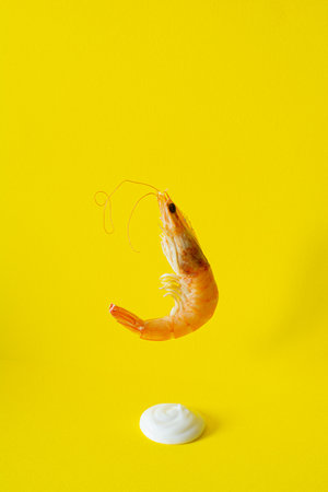 Sun cream on a yellow background. Concept protective body cream with SPF. Sunburn protection in summer, vacation. Vacation food is tasty and healthy. Seafood, levitation.の写真素材