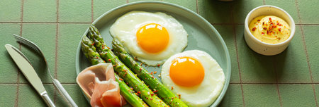 Breakfast fried eggs with fresh asparagus and ham (jamon), herbs in a plate on green background. Delicious hearty brunch.の写真素材