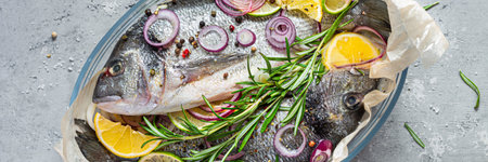Fresh fish dorado. Raw dorado with herbs, spices and lemon and lime slices ready to cook on a gray background. Top view. Fresh fish in a glass baking dish with salt, herbs and peの写真素材