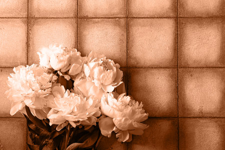 Bouquet of white peonies on gray background in the form of tile. Beautiful card for Happy Mother's Day or Women's Day greeting card. flat lay. top view. Stylish floral greetings,copy space.の写真素材