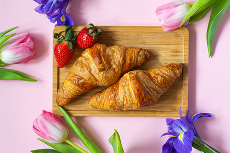 Happy mother's day, beautiful breakfast, lunch with  fresh croissants, strawberries on tray, bouquet of tulips as gift.の写真素材