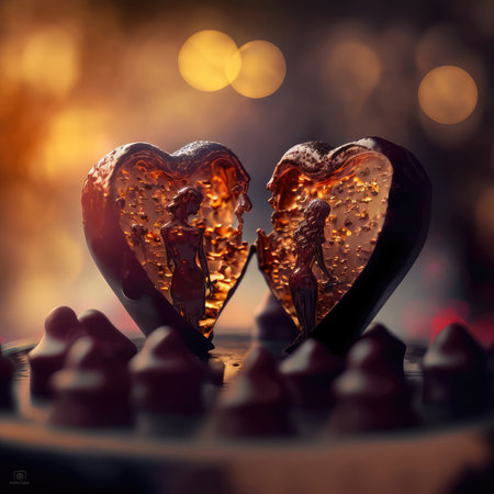 ilhouette of a couple almost kissing, fantasy sunset background with a heart shape. Valentine's day banner illustration. Generative AI.の写真素材