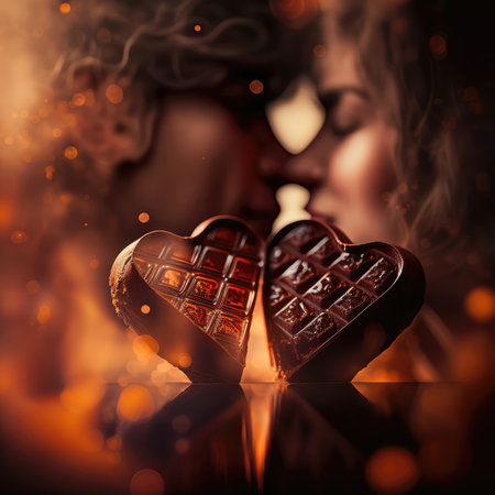 ilhouette of a couple almost kissing, fantasy sunset background with a heart shape. Valentine's day banner illustration. Generative AI.の写真素材