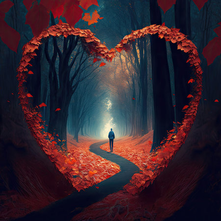 ilhouette of a couple almost kissing, fantasy sunset background with a heart shape. Valentine's day banner illustration. Generative AI.の写真素材