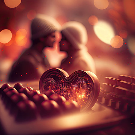 ilhouette of a couple almost kissing, fantasy sunset background with a heart shape. Valentine's day banner illustration. Generative AI.の写真素材