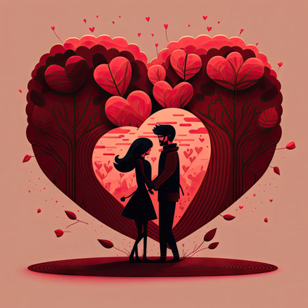 ilhouette of a couple almost kissing, fantasy sunset background with a heart shape. Valentine's day banner illustration. Generative AI.の写真素材