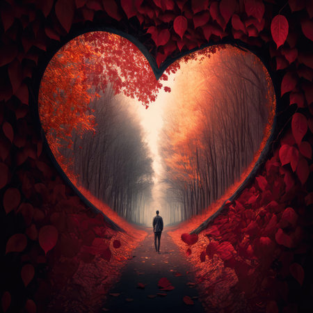 ilhouette of a couple almost kissing, fantasy sunset background with a heart shape. Valentine's day banner illustration. Generative AI.の写真素材