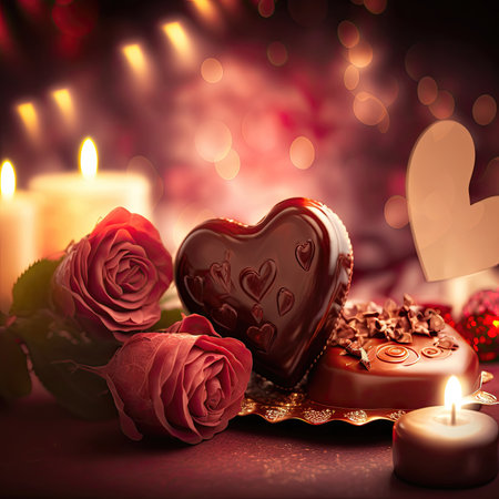 Valentine's Day hearts and chocolates against romantic lights in the background, generative aiの写真素材
