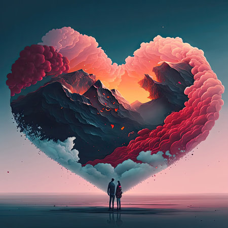ilhouette of a couple almost kissing, fantasy sunset background with a heart shape. Valentine's day banner illustration. Generative AI.の写真素材