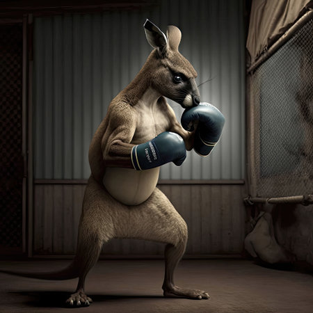 Kangaroos are marsupials native to Australia and are not physically built or capable of participating in human sports such as boxing. They have strong hind legs and tail which they use for jumping and moving around. They don't have the upper body strength, hand-eye coordination, or other physical attributes necessary for a sport like boxing.の素材